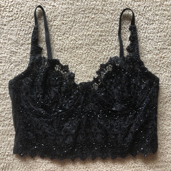 Sexy Black Beaded Lace Cropped Bustier Lycra Small - Picture 1 of 2